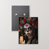 Crimson Rose Calavera – Elegante Dag van de Doden Button (Voorkant / Achterkant)