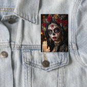 Crimson Rose Calavera – Elegante Dag van de Doden Button (Insitu)