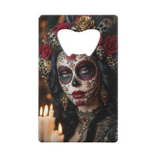 Crimson Rose Calavera – Elegante Dag van de Doden Creditkaart Flessenopener