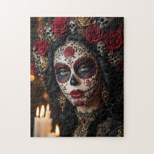 Crimson Rose Calavera – Elegante Dag van de Doden Legpuzzel (Verticaal)