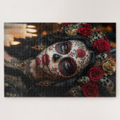 Crimson Rose Calavera – Elegante Dag van de Doden Legpuzzel (Horizontaal)