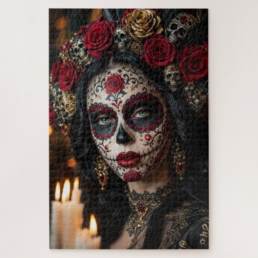 Crimson Rose Calavera – Elegante Dag van de Doden Legpuzzel (Verticaal)