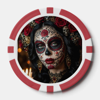 Crimson Rose Calavera – Elegante Dag van de Doden Poker Chips