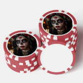 Crimson Rose Calavera – Elegante Dag van de Doden Poker Chips (Opstapeling)
