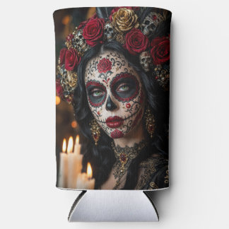 Crimson Rose Calavera – Elegante Dag van de Doden Seltzer Blikjeskoeler