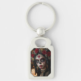 Crimson Rose Calavera – Elegante Dag van de Doden Sleutelhanger