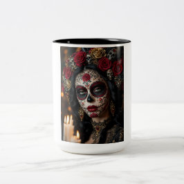 Crimson Rose Calavera – Elegante Dag van de Doden Tweekleurige Koffiemok