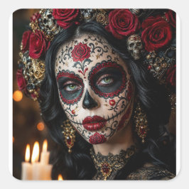 Crimson Rose Calavera – Elegante Dag van de Doden Vierkante Sticker