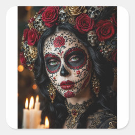 Crimson Rose Calavera – Elegante Dag van de Doden Vierkante Sticker