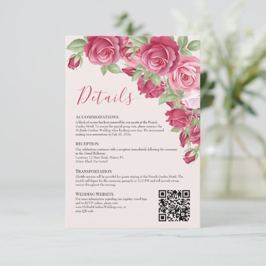 Crimson Rose Wedding Details Enclosure Card Kaart (Staand voorkant)