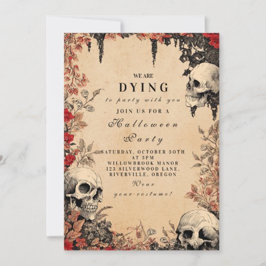 Crimson Rozen & schedels Halloween Bijeenkomst Kaart (Voorkant)