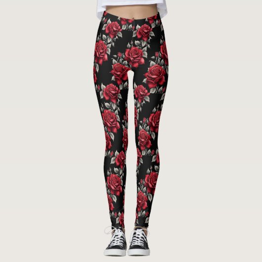 Crimson Rozen Silver Leaves Gothic Leggings (Voorkant)