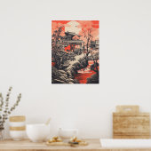 Crimson Serenity: traditioneel Chinees huis Poster (Keuken)