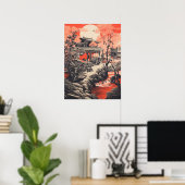 Crimson Serenity: traditioneel Chinees huis Poster (Thuiskantoor)