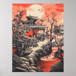 Crimson Serenity: traditioneel Chinees huis Poster