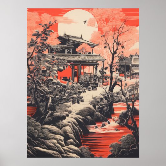 Crimson Serenity: traditioneel Chinees huis Poster (Voorkant)