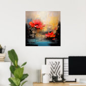 Crimson Silence – Abstracte klaprozen in stadslich Poster (Thuiskantoor)