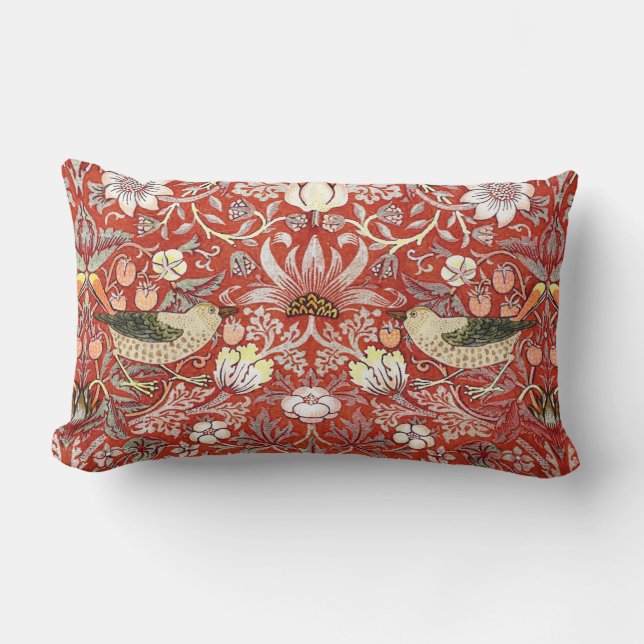 Crimson Strawberry Thief Lumbar Pillow Kussen (Voorkant)