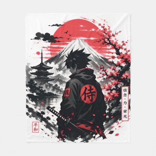 Crimson Sun Anime Silhouet Fleece Deken (Voorkant)