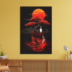 Crimson Sunset Bonsai – Japans Zen Landschap Canvas Afdruk