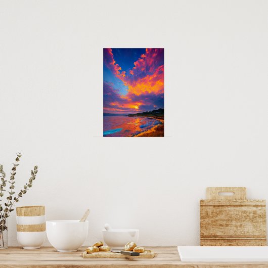 Crimson Sunset Reflecteren op het meer Poster (Keuken)