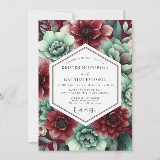 Crimson & Teal Lush Botanical Wedding Kaart (Voorkant)