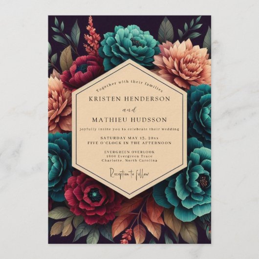 Crimson & Teal Opulent Bloom Wedding Kaart (Voorkant)