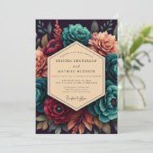 Crimson & Teal Opulent Bloom Wedding Kaart (Staand voorkant)