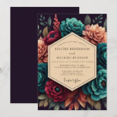 Crimson & Teal Opulent Bloom Wedding Kaart (Voorkant / Achterkant)
