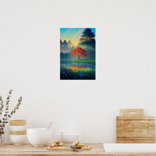 Crimson Tree te midden van bosontginning Poster (Keuken)