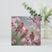 Crimson Trio: Red Finches te midden van roze bloem Bedankkaart (Staand voorkant)
