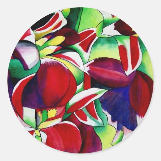 Crimson tropical Singapore Orchids flower art Ronde Sticker (Voorkant)