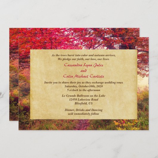 Crimson verlaat herfst bruiloft uitnodiging (Voorkant / Achterkant)