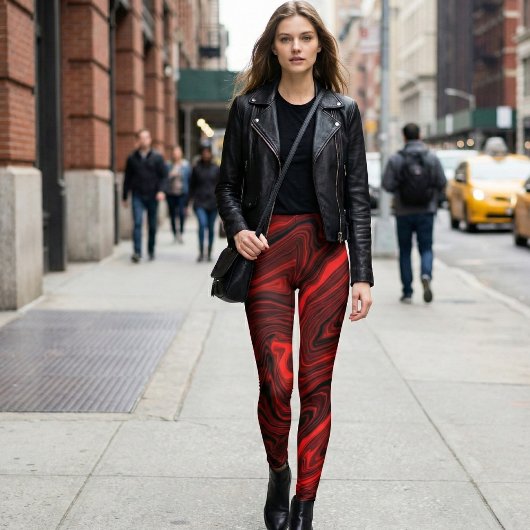 Crimson Vortex Marmer: Krachtige Rode en Zwarte Dr Leggings