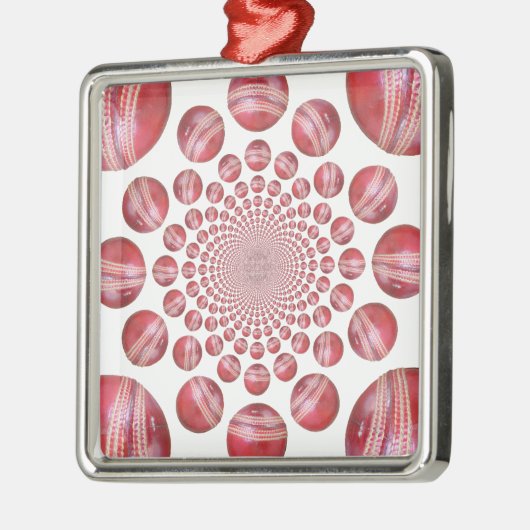 Crimson Vortex: Prachtige rode cricketbalkunst Metalen Ornament (Links)