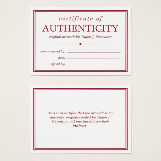 Crimson White Certificate of Authenticity Visitekaartje (Voorkant /achterkant)