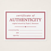 Crimson White Certificate of Authenticity Visitekaartje (Voorkant)