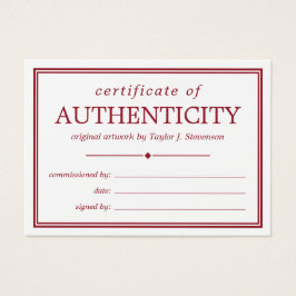 Crimson White Certificate of Authenticity Visitekaartje