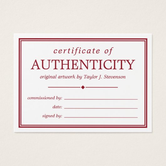 Crimson White Certificate of Authenticity Visitekaartje (Voorkant)
