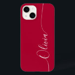 Crimson White Elegant Calligraphy Script Name Case-Mate iPhone 14 Hoesje<br><div class="desc">Crimson Elegant White Calligraphy Script Custom Personalized Name iPhone 14 Smart Phone Case kenmerkt een modern en trendy eenvoudig en stijlvol ontwerp met uw gepersonaliseerde naam in elegante handgeschreven kalligrafie script typografie op een crimson background. Ontworpen door ©Evco Studio www.zazzle.com/store/evcostudio</div>