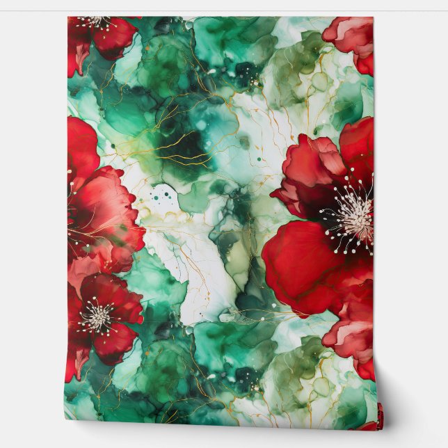 Crimson Yuletide Bloeit Botanisch Behang (Afrollen)