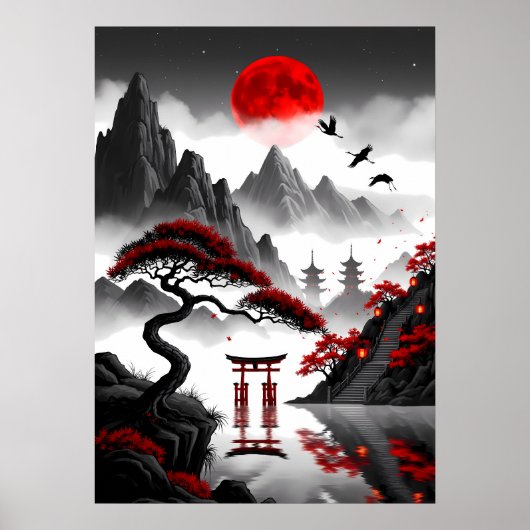 Crimson Zen: Japans rood maanlandschap Poster (Voorkant)