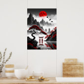 Crimson Zen: Japans rood maanlandschap Poster (Keuken)