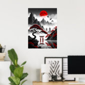 Crimson Zen: Japans rood maanlandschap Poster (Thuiskantoor)