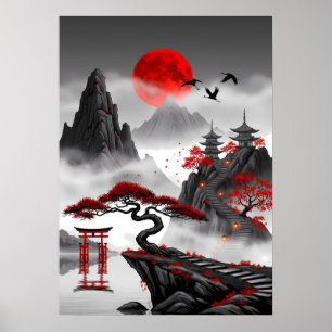 Crimson Zen: Japans rood maanlandschap Poster