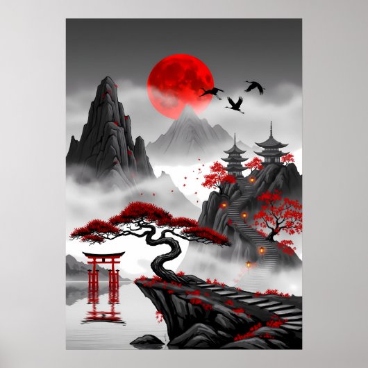 Crimson Zen: Japans rood maanlandschap Poster (Voorkant)
