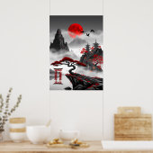 Crimson Zen: Japans rood maanlandschap Poster (Keuken)