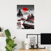 Crimson Zen: Japans rood maanlandschap Poster (Thuiskantoor)