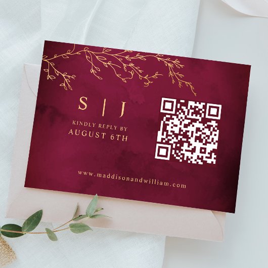 Crimsonrood & Gouden Botanische QR-code Trouwen RSVP Kaartje