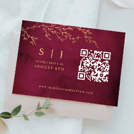 Crimsonrood & Gouden Botanische QR-code Trouwen RSVP Kaartje